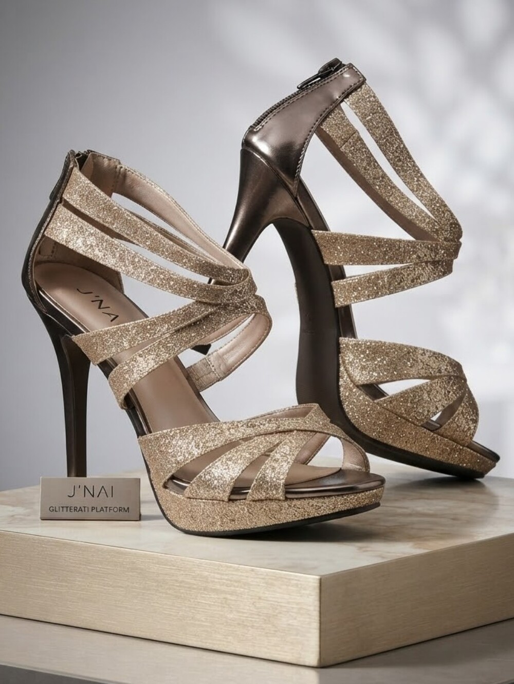 Taxi Gold Glitter Platform Stiletto Sandals - Open Toe Ankle Zip Heels, Size 39